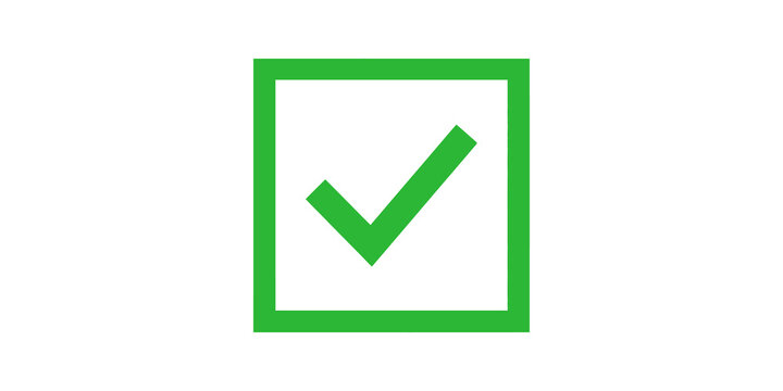 Green check mark box design element representing complete approval sign.