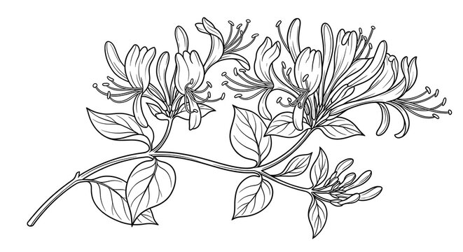 Honeysuckle flower branch line art illustration on white background