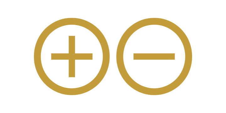 Plus and minus symbols in gold style for digital interface button design.