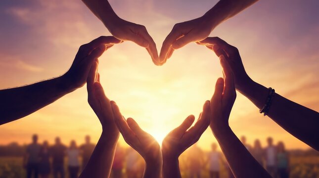 Diverse hands forming a heart shape against a sunset, symbolizing unity and support for World AIDS Day.