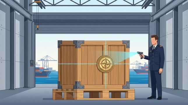 Customs Clearance Cargo Inspection Station International Maritime Trade Logistics with Inspected Wood Crate and Handheld Digital Scanner in Port Terminal Warehouse Vector Illustration