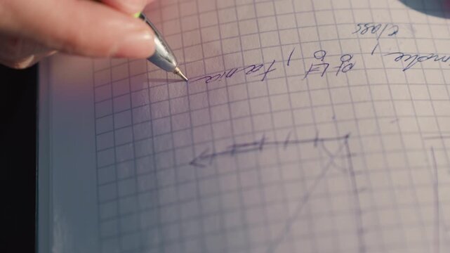 Close up shows person hands holding and moving ink pen across grid lined notebook pages forming handwritten notes. scene focuses solely on interaction between fingers writing instrument