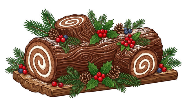 Yule log cake illustration concept illustration with colorful elements for creative decoration and seasonal celebration isolated background
