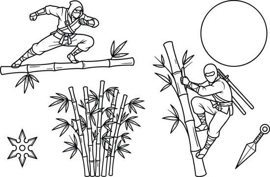 Japanese ninja warrior outline illustration set with bamboo shuriken