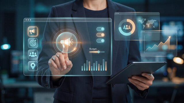 A marketing specialist sets up ads in the advertising dashboard. Concepts include contextual advertising, SEO, SMM, banner and targeted advertising.