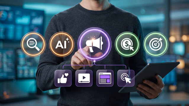 The advertising specialist points to the advertising icon, next to which are icons for SEO, GEO, targeted advertising, and contextual advertising.