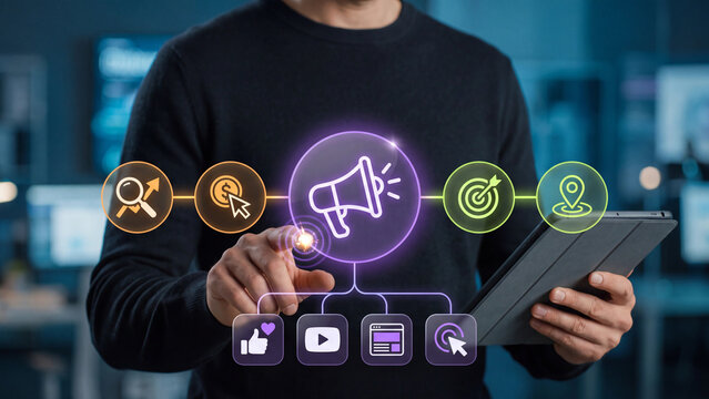 A specialist sets up advertising for a business using advertising tools. Concepts include SEO, geo, targeted, and contextual advertising.