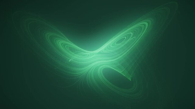 Chaotic Strange Attractor Light Trails Flowing Through Rotating 3D Phase Space seamless loop in subtle emerald tones