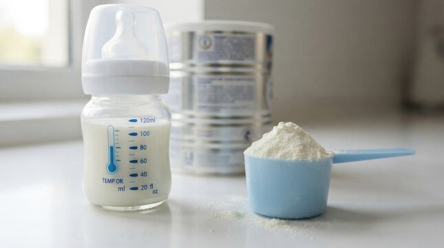 Baby bottle with formula and scoop of powder on white surface world prematurity day