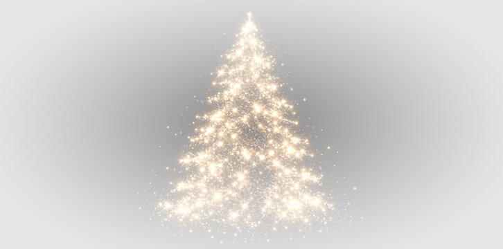 Golden sparkle Christmas tree PNG overlay with luminous lights and glitter particles, on transparent background
