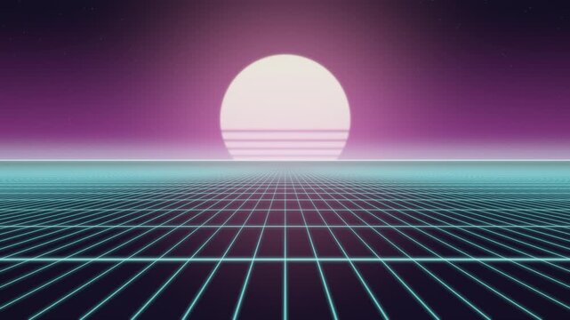 Retro 80s Synthwave Neon Grid and Sunset Horizon Seamless Loop in rich magenta tones