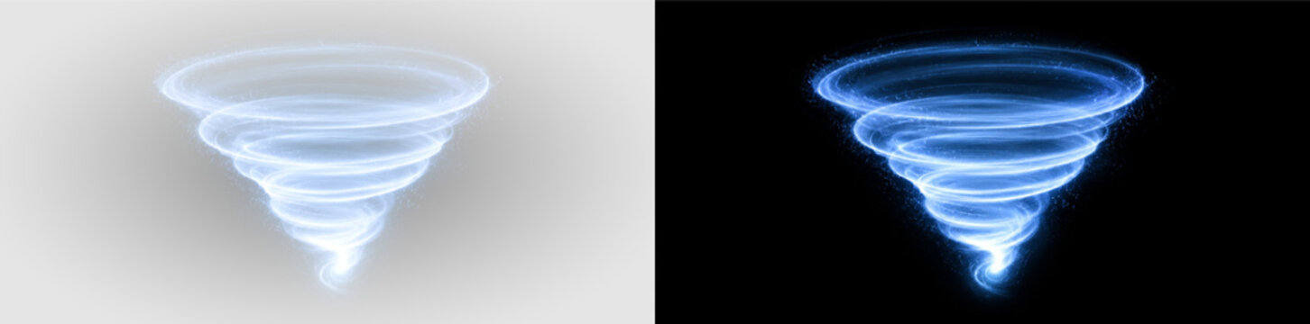 Blue glowing vortex PNG overlay with radiant spiral tornado and luminous swirl, on transparent background