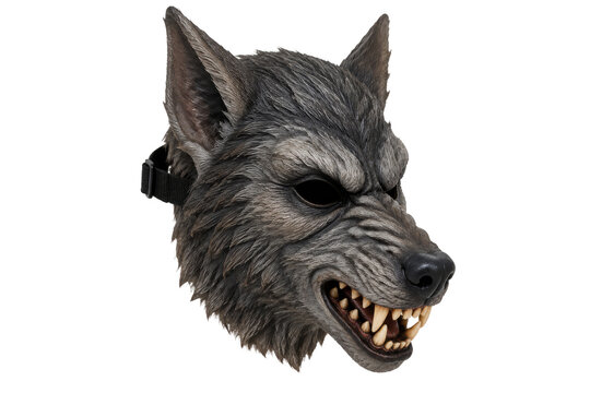 Werewolf mask with pointed ear, elongated muzzle, fierce expression, and sculpted fur detail for Halloween costume design