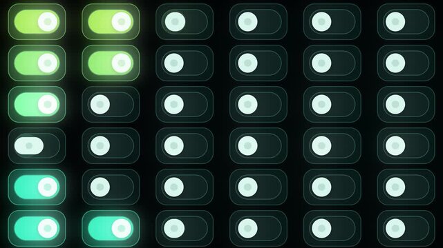 UI Toggle Switches Flipping On and Off in Sequence Control Panel Seamless Loop in rich teal tones