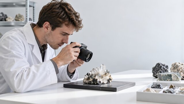 Professional geologist photographing raw crystal specimens in lab environment for research documentation and scientific study