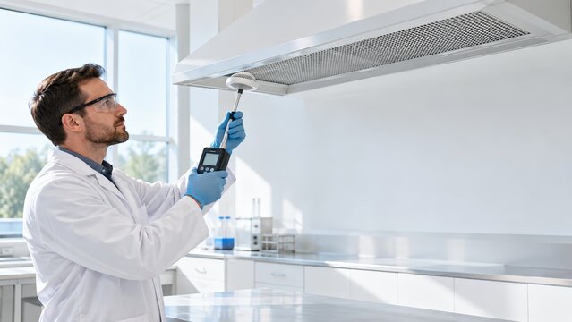 Laboratory technician measuring airflow velocity of fume hood exhaust system using digital anemometer probe in modern facility