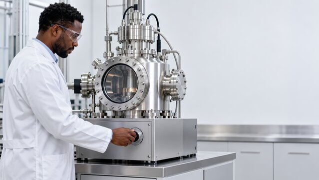 Professional scientist conducting advanced scientific research using high precision vacuum chamber equipment in laboratory setting