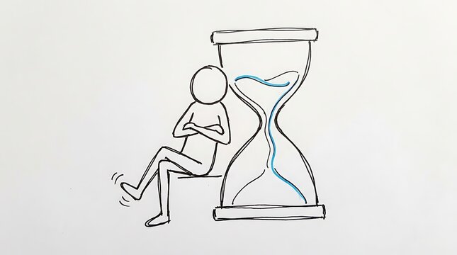 Hand drawn doodle illustration of a stick figure leaning against a large hourglass representing concepts of time management, waiting for a deadline, patience, and the value of passing time.