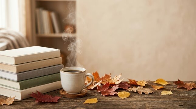 Stack of books and hot coffee mug on wooden table with scattered autumn leaves
