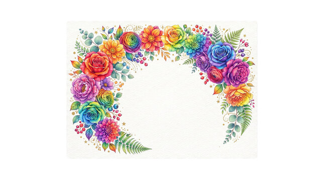 Colorful Rainbow Watercolor Floral Arch Frame, Vibrant Rose and Botanical Blossom Border for Greeting Cards isolated PNG with Transparent Background