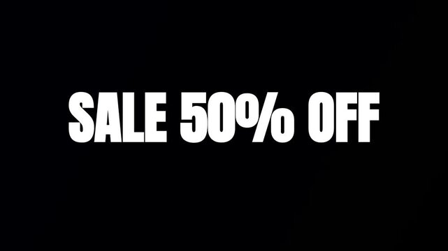Sale 50% off typography motion graphic, black background discount promotion text overlay, retail special offer animated banner