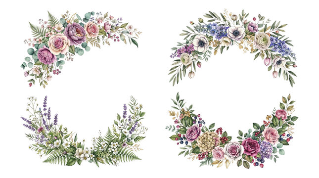 Watercolor floral wreath frame set, elegant botanical flower borders for wedding invitation card isolated PNG with Transparent Background