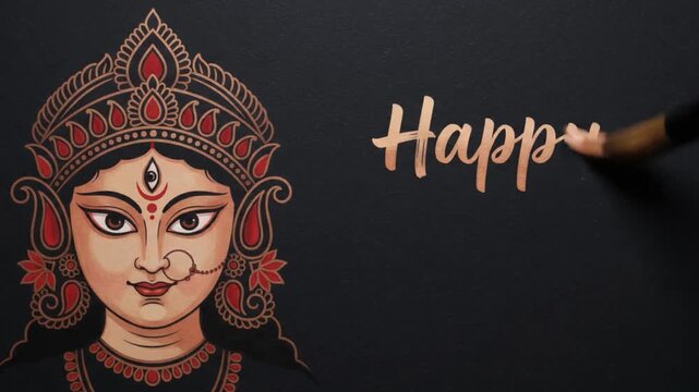 Animated goddess durga face brush painting with festive indian devotional artwork celebrating navratri rituals and traditional durga puja spiritual festival design