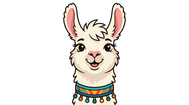 Cute cartoon llama wearing a colorful beaded necklace