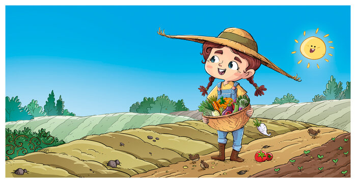 Illustration of a farm girl with a basket of vegetables walking through a planted field; children's illustration