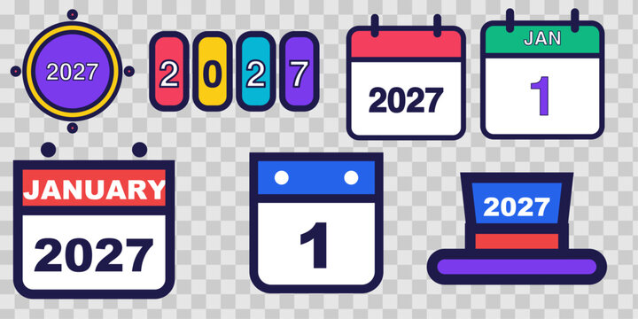 2027 New Year Celebration Vector Icons and Stickers, January 1 New Year&rsquo;s Day Symbols, Festive Holiday Design Elements