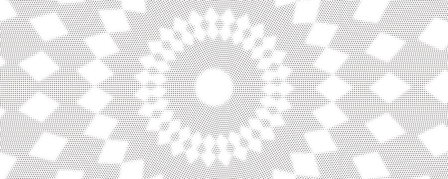 Black radial halftone circles. Dotted sound wave rings. Stippled epicenter, target, radar icon concept. Ripple concentric signal vibration element. Vector round dashed and dotted