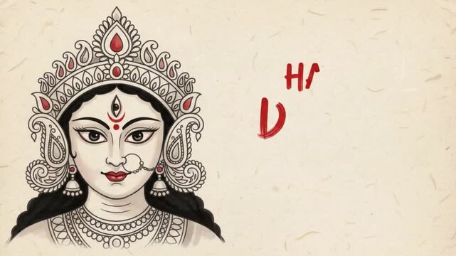 Animated goddess durga face brush painting on textured paper celebrating traditional hindu festival rituals with durga puja and navratri devotional artwork animation
