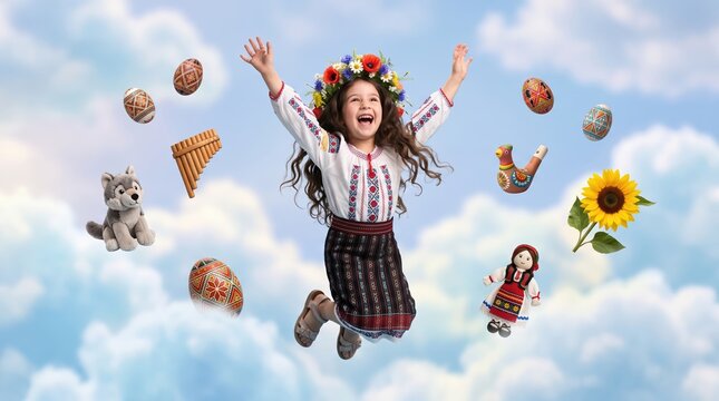 Happy Romanian girl in embroidered ie blouse and flower crown jumping among painted eggs, pan flute, clay bird and wolf toy