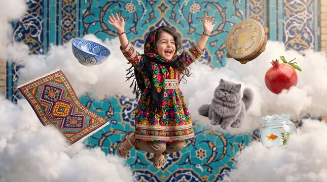 Happy Iranian girl in floral dress and headscarf jumping among Persian carpet, blue bowl, daf drum, pomegranate and goldfish bowl
