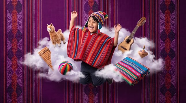 Happy Peruvian boy in striped poncho and chullo hat jumping among alpaca toy, pan flute, charango and woven tex