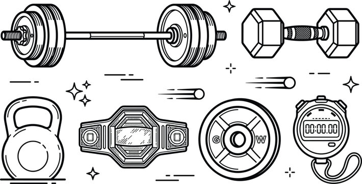 Fitness bodybuilding gym equipment line icon vector set showing barbell dumbbell kettlebell weight plate white background