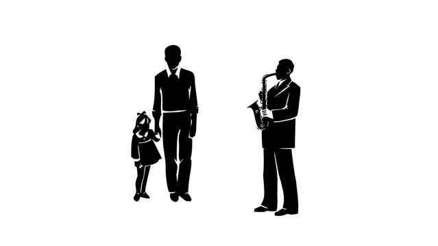 Black silhouette of a father holding a little girl's hand beside a saxophone player on a white background, minimalist monochrome vector illustration of family and street musician