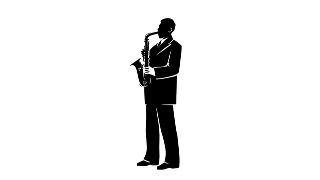 Black silhouette of a jazz saxophonist playing the saxophone on a white background, minimalist monochrome vector illustration of a single male musician in a suit, side view standing pose