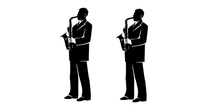 Two black silhouette saxophonists playing saxophones on a white background, minimalist monochrome vector illustration of male jazz musicians in suits standing side by side, side view