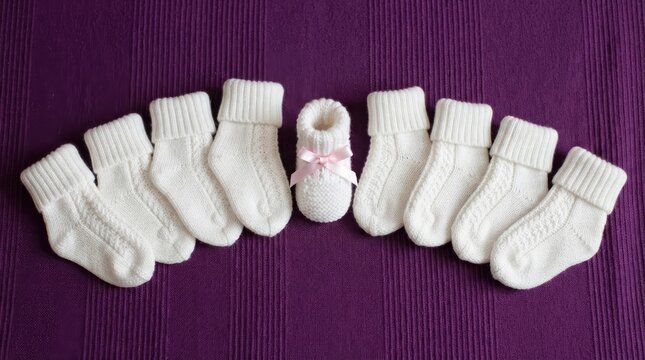 Row of white knitted baby socks on a purple textured background with a single white bootie featuring a pink bow in the middle world prematurity day