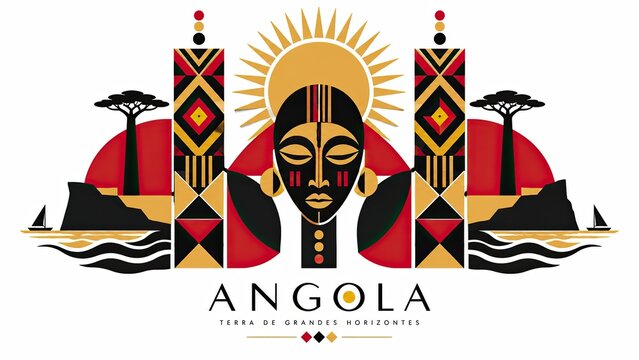 Angola national emblem illustration with a rising sun, black antelope, crossed machete and hoe, and the word Angola beneath.