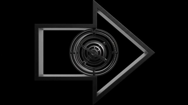 Rotating mechanical gyroscope inside a black arrow frame on dark