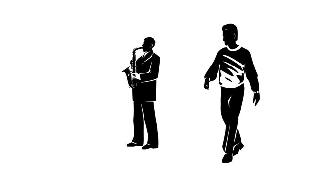 Black silhouette of a saxophone player standing beside a walking man on a white background, minimalist monochrome vector illustration of a jazz musician and a pedestrian, side view