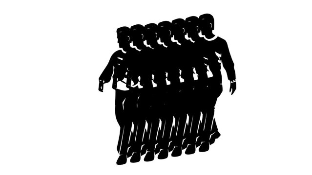 Seven overlapping black silhouette men walking in a line on a white background, layered repeated vector illustration of identical male figures, monochrome conformity and teamwork concept