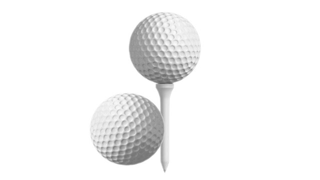 Two white dimpled golf balls with a white golf tee on a clean white background, 3D render of sports equipment, one ball resting on a tee and another beside it, isolated studio shot