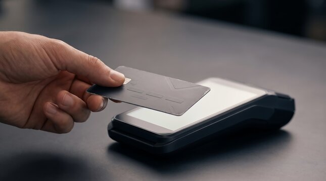A person making a contactless payment with a black credit card at a store terminal.