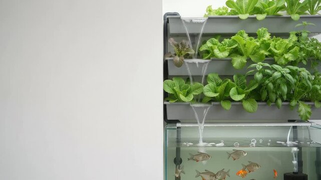Video of a modern indoor aquaponics system with fish tank and lush green plants growing vertically