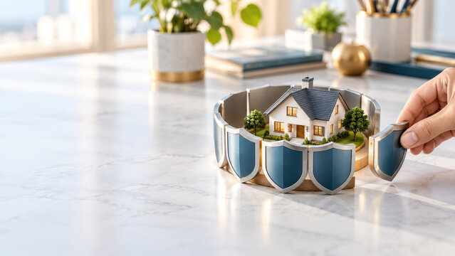 Household insurance shield model protecting home from financial risk and closing coverage gap with secure family planning and long term beneficiary protection