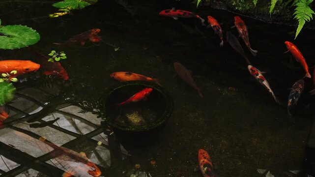 A school of koi fish swim in a dark pond, with lily pads and ferns visible. Some fish are orange, others are white and black. Reflections of glass panes are visible on the water's surface