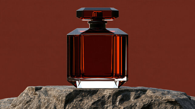 Glass perfume bottle with dark liquid on stone against brown background  